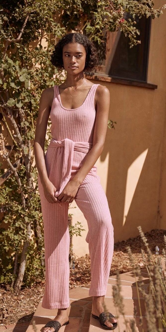 Saylor Jumpsuit Dusty Pink Ribbed Knit Sleeveless Tank Top Straight Leg Small